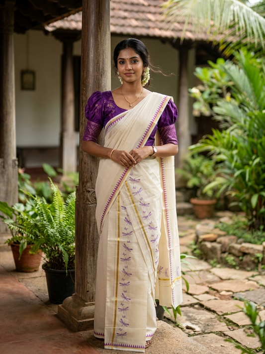Southloom Kerala Cotton Single Set Mundu (Mundum Neriyathum) with Violet Thumbi Block Printed Design And Gold Kasavu 2.80Mtrs SL151