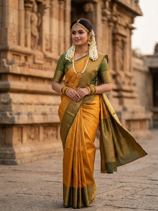 Southloom Premium Semi Silk Zari Work Brocade Saree in Bridal Yellow with Matching Pallu