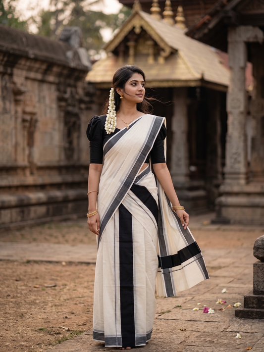 Southloom Kerala Cotton Mundum Neriyathum Single (Set Mundu) with Black Border 2.80 Mtrs