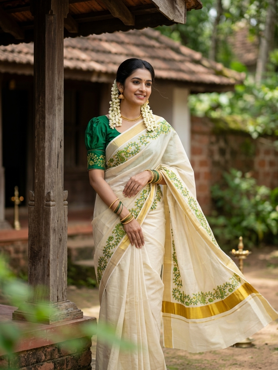 Kerala Tissue Kasavu Saree with Green Peacock Embroidery Design