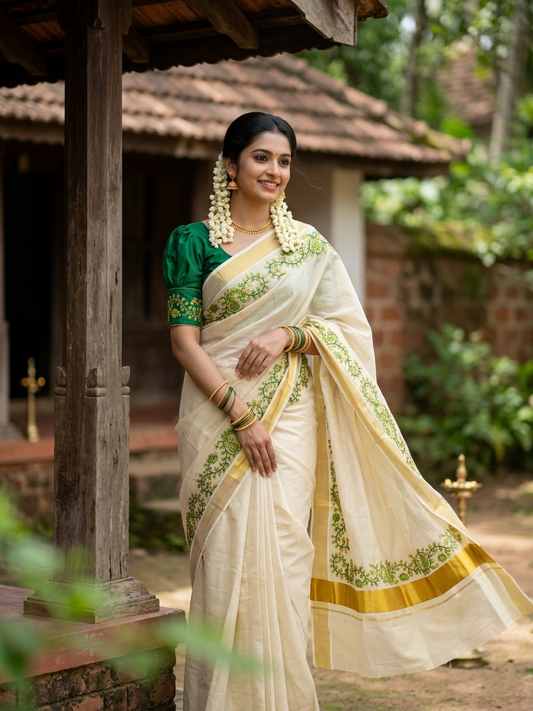 Kerala Tissue Kasavu Saree with Green Peacock Embroidery Design