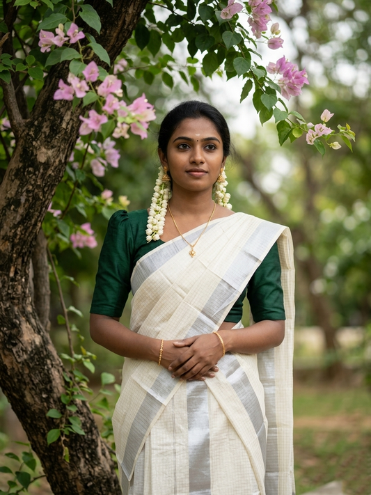 Kerala Cotton Set Mundu (Mundum Neriyathum) with Silver Kasavu Check on Body in 2.80 Mtrs SL332