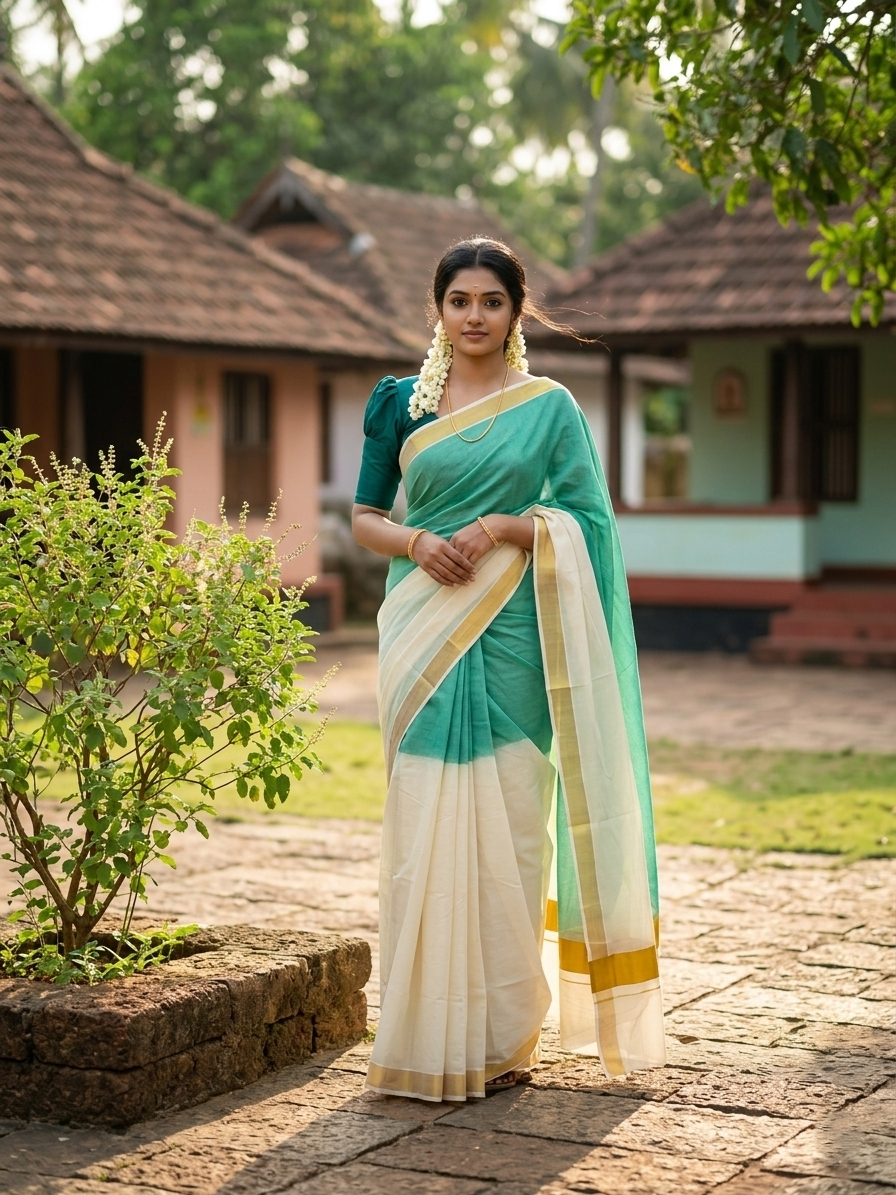 Southloom Tie and Dye Multi Colour Green Kasavu Saree SL264