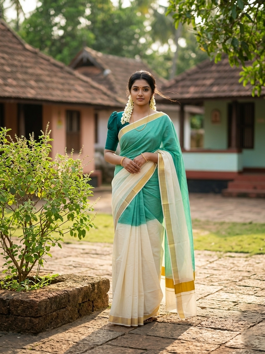 Southloom Tie and Dye Multi Colour Green Kasavu Saree