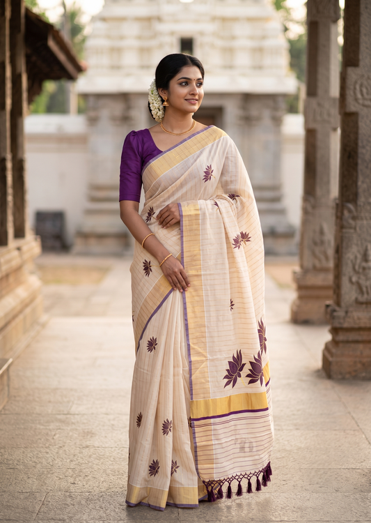 Southloom Kerala Tissue Kasavu Saree with Lotus Embroidery Works on Body in Purple SL557