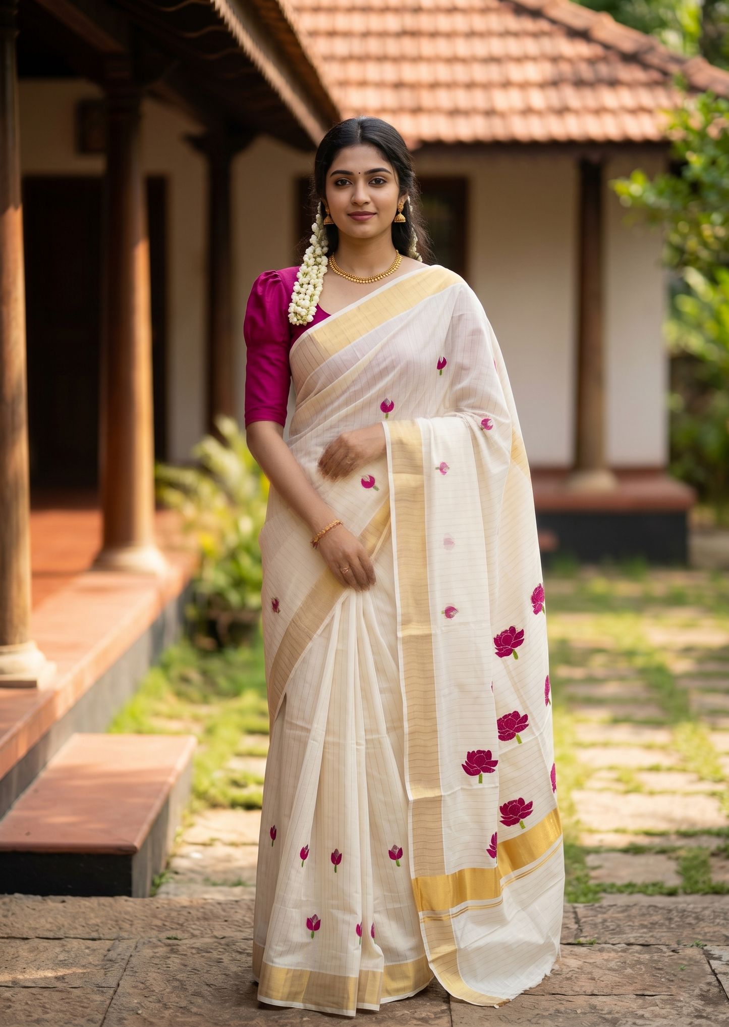 Southloom Kerala Cotton Kasavu Saree with Pink Lotus Embroidery Design