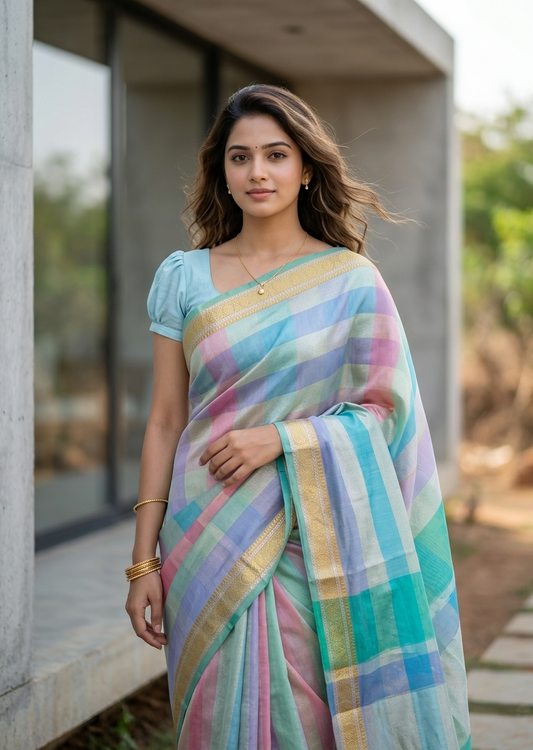 Southloom Tissue Organza Saree With Stripes Design in Multicolour SL353