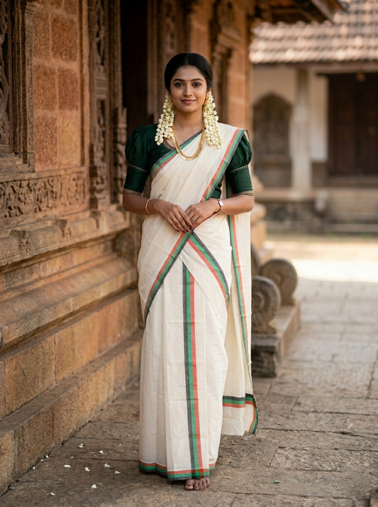 Southloom Pure Cotton Kerala Single Mulloth Set Mundu (Mundum Neriyathum) Black & Green Border in 2.50 Mtrs SL243