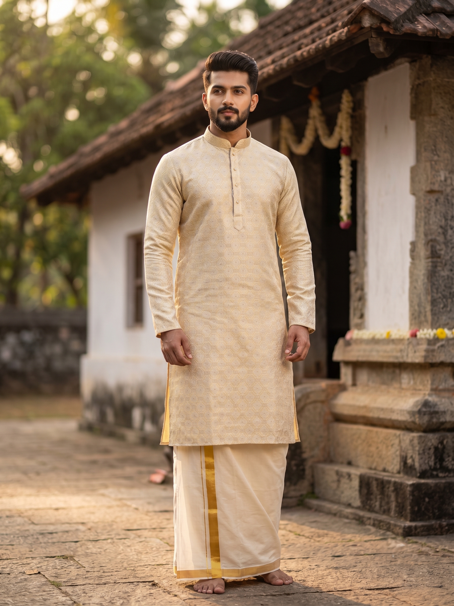 Southloom Off White Woven Patterns Semi Silk Short Kurta for Men SL590