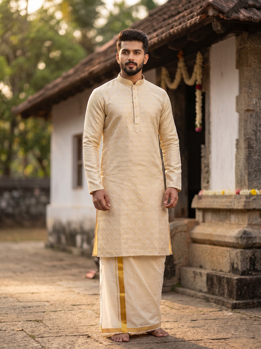 Southloom Off White Woven Patterns Semi Silk Short Kurta for Men SL590