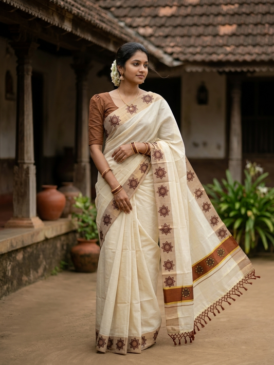Southloom Kerala Tissue Kasavu Saree with Floral Block Prints in Brown Border