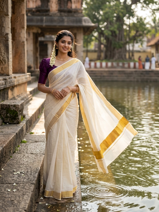 Southloom Pure Cotton Kerala Saree with 2.5 inch Gold Kasavu Border