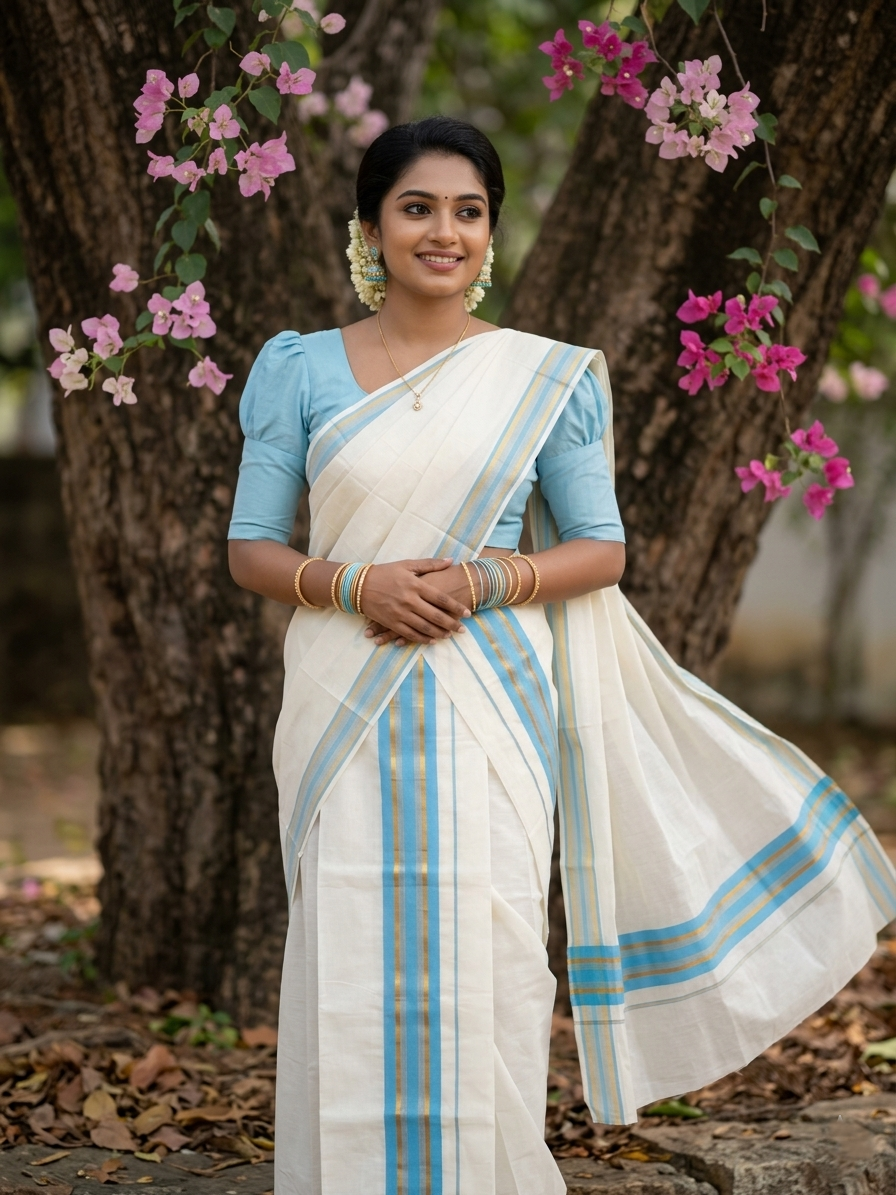 Kerala Cotton Kasavu Single Set Mundu (Mundum Neriyathum) with Blue Kasavu Border in 2.80 Mtrs