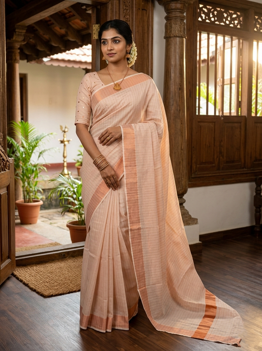 Southloom Kerala Cotton Lines Saree with Rose Copper Kasavu and Border