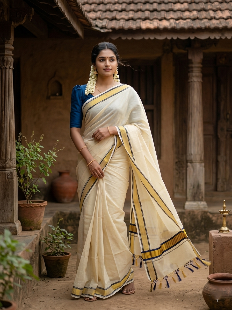 Southloom Kerala Tissue Kasavu Saree With Blue Temple Woven Works on Border SL365