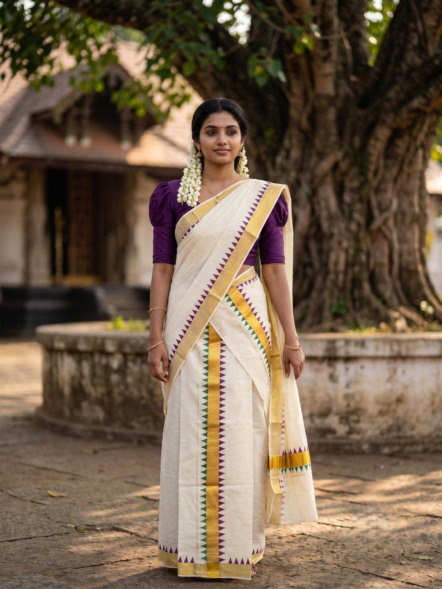 Southloom Kerala Cotton Kasavu Single Set Mundu (Mundum Neriyathum) with purple And Green Temple Design Border SLKK