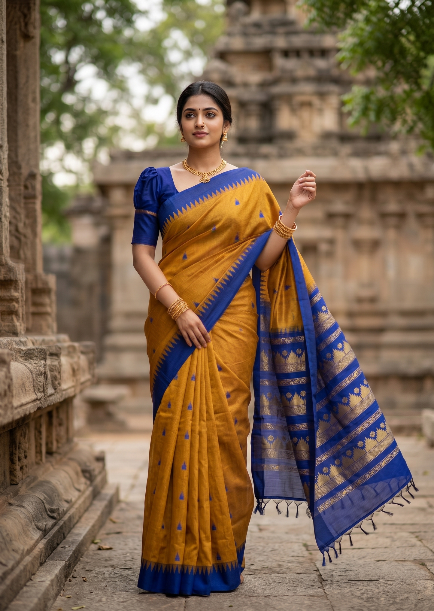 Southloom Kalyani Cotton Saree In Mustard Yellow And Blue With Woven Work on the Body and Borders