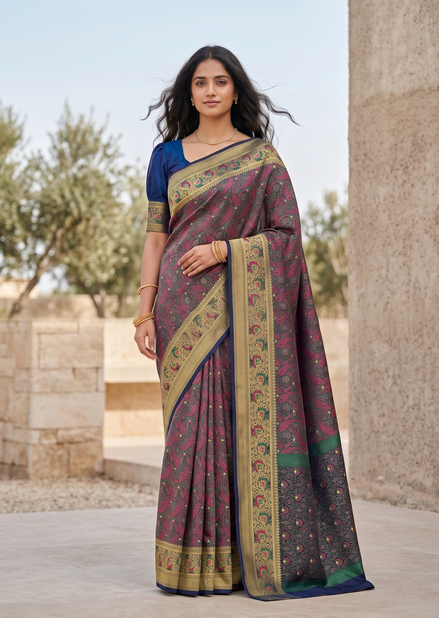 Southloom Resham Work Soft Cotton Banarasi Saree with Woven Work on Body and Borders