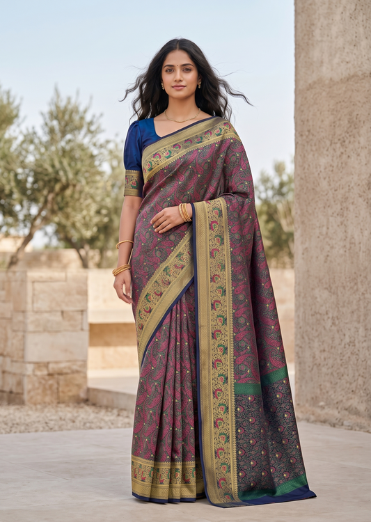 Southloom Resham Work Soft Cotton Banarasi Saree with Woven Work on Body and Borders