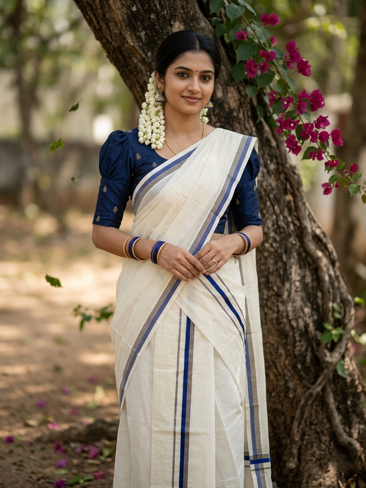 Pure Cotton Kerala Single Set Mundu (Mundum Neriyathum) with Blue Kasavu Border in 2.80 Mtrs SL394