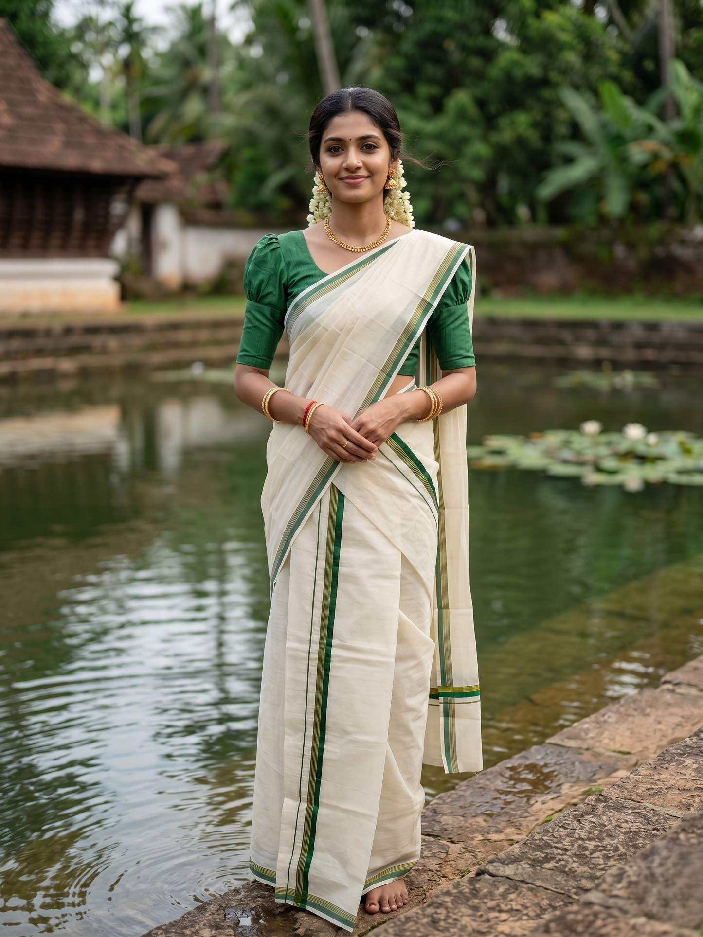 Pure Cotton Kerala Single Set Mundu (Mundum Neriyathum) with Green Kasavu Border in 2.80 Mtrs