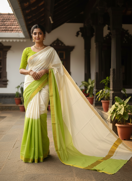 Southloom Tie and Dye Multi Colour Green Kasavu Saree