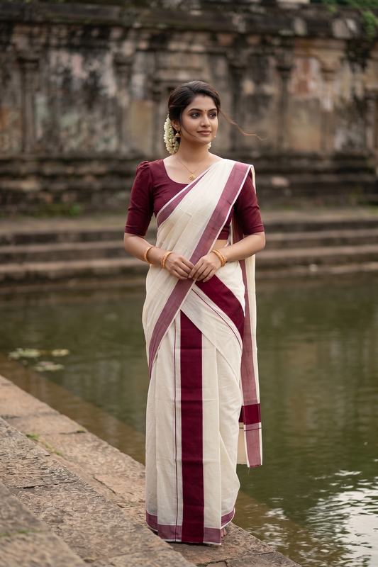 Kerala Cotton Set Mundu (Mundum Neriyathum) Single with Plain Maroon Border 2.80 Mtrs