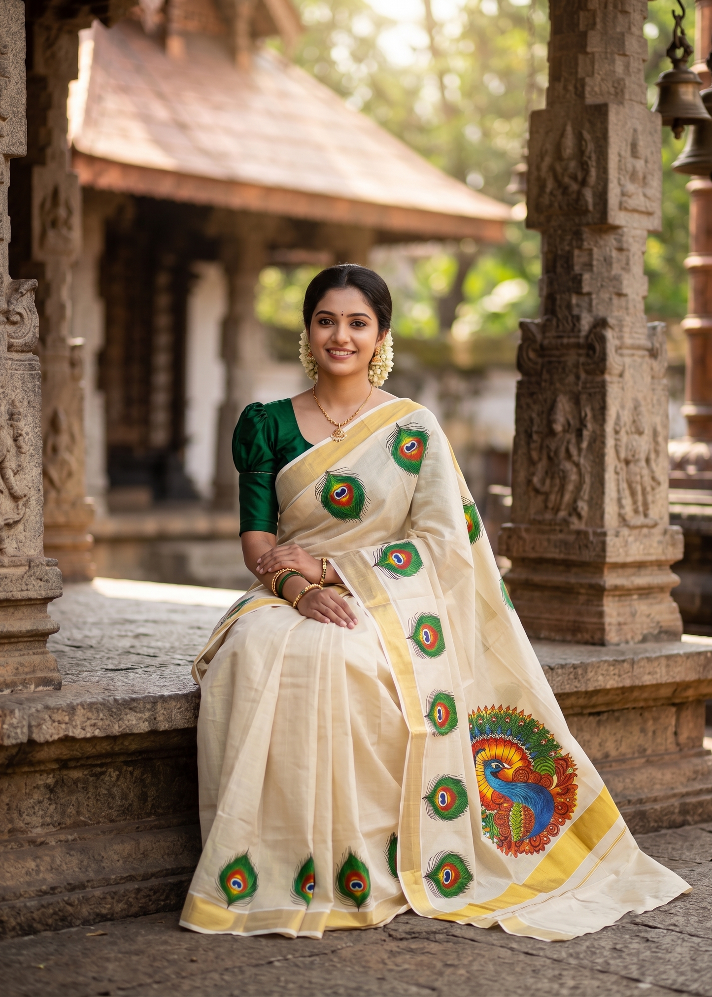 Southloom Kerala Tissue Kasavu Saree with Peacock Mural Printed Design