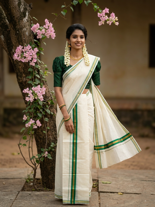 Pure Cotton Kerala Single Set Mundu (Mundum Neriyathum) with Green and Kasavu Border in 2.80 Mtrs