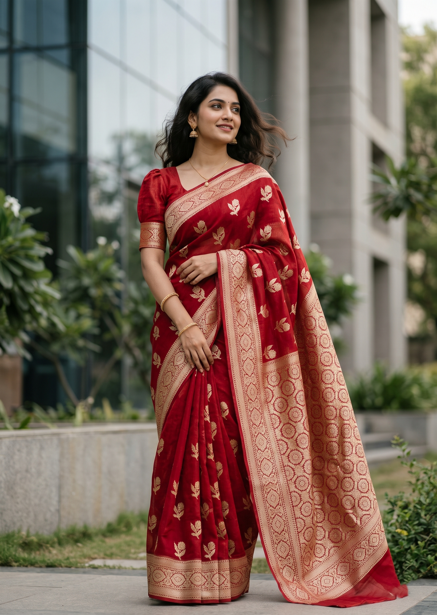 Southloom Cotton Banarasi Silk Saree with Woven Work on Body and Borders (Red)