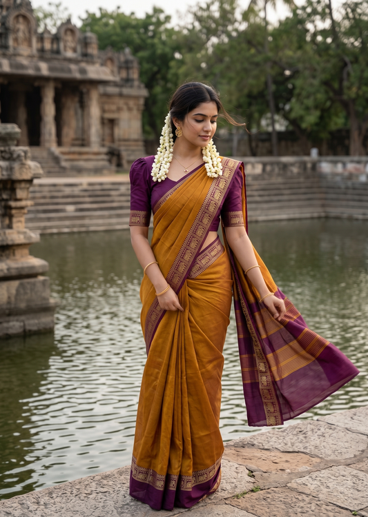Southloom Kerala Semi Silk Narayan Pett Saree With Woven Work on the Boders With Mustard Yellow