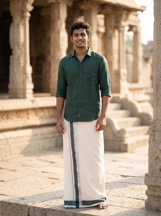 Southloom Kerala Pure Cotton Double Mundu with Green And Silver Border (South Indian Dhoti)