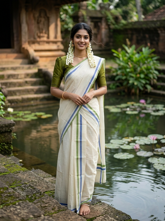 Southloom Pure Cotton Kerala Single Set Mundu (Mundum Neriyathum) Green & Blue Border