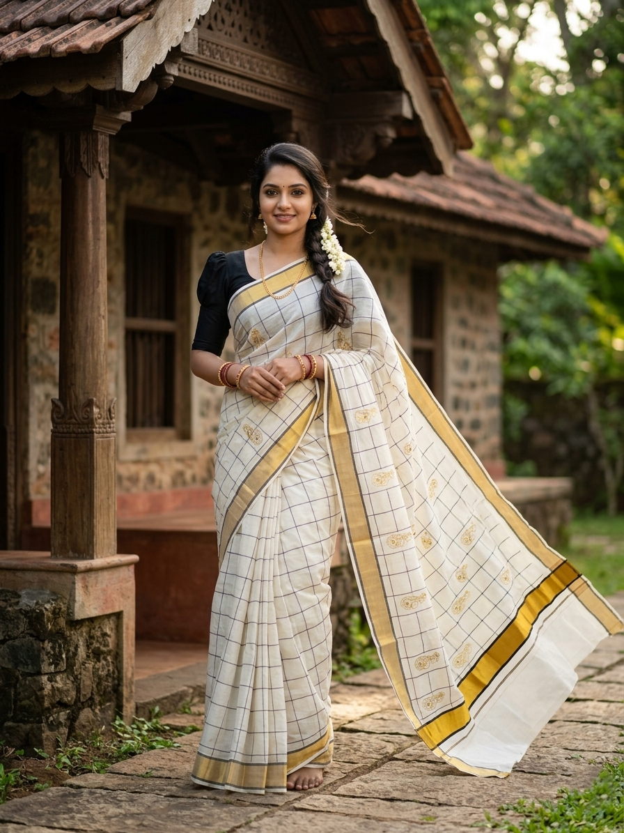 Southloom Cotton Kerala Kasavu Check Saree with Peacock Embroidery Design in Black
