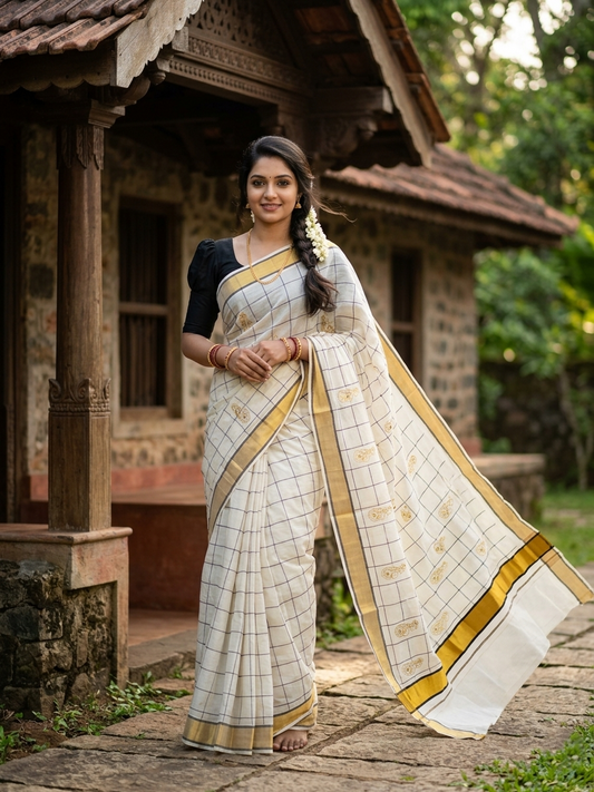 Southloom Cotton Kerala Kasavu Check Saree with Peacock Embroidery Design in Black