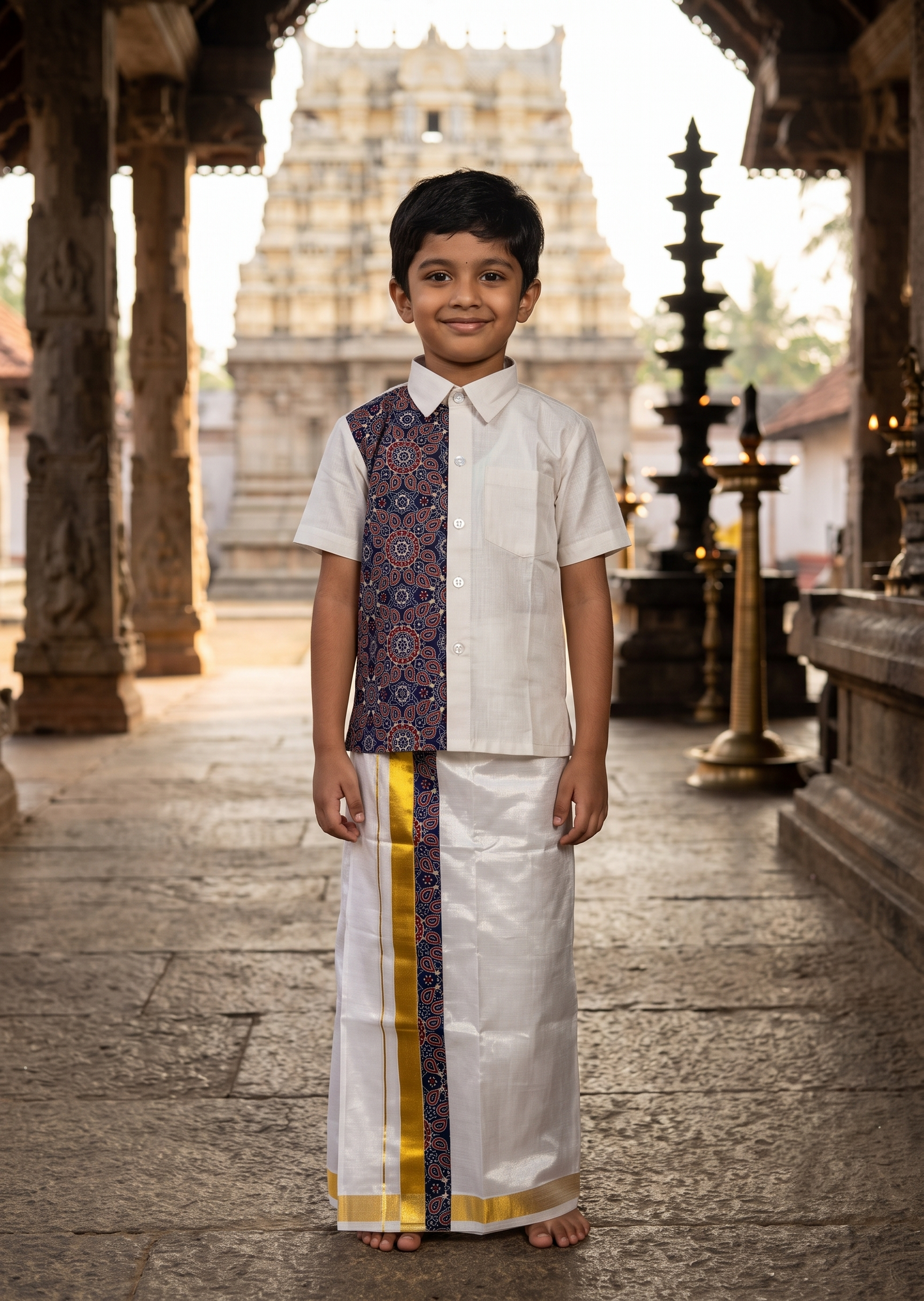 Southloom Tissue Ajrakh Printed Kids's Combo (Shirt + Velcro Mundu) SLKCOMBO