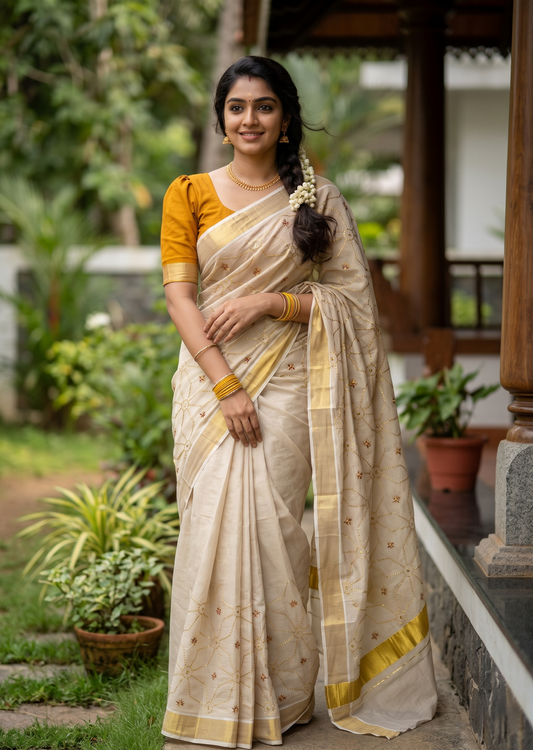 Southloom Kerala Tissue Kasavu Saree with Floral Embroidery Work on Body in Yellow