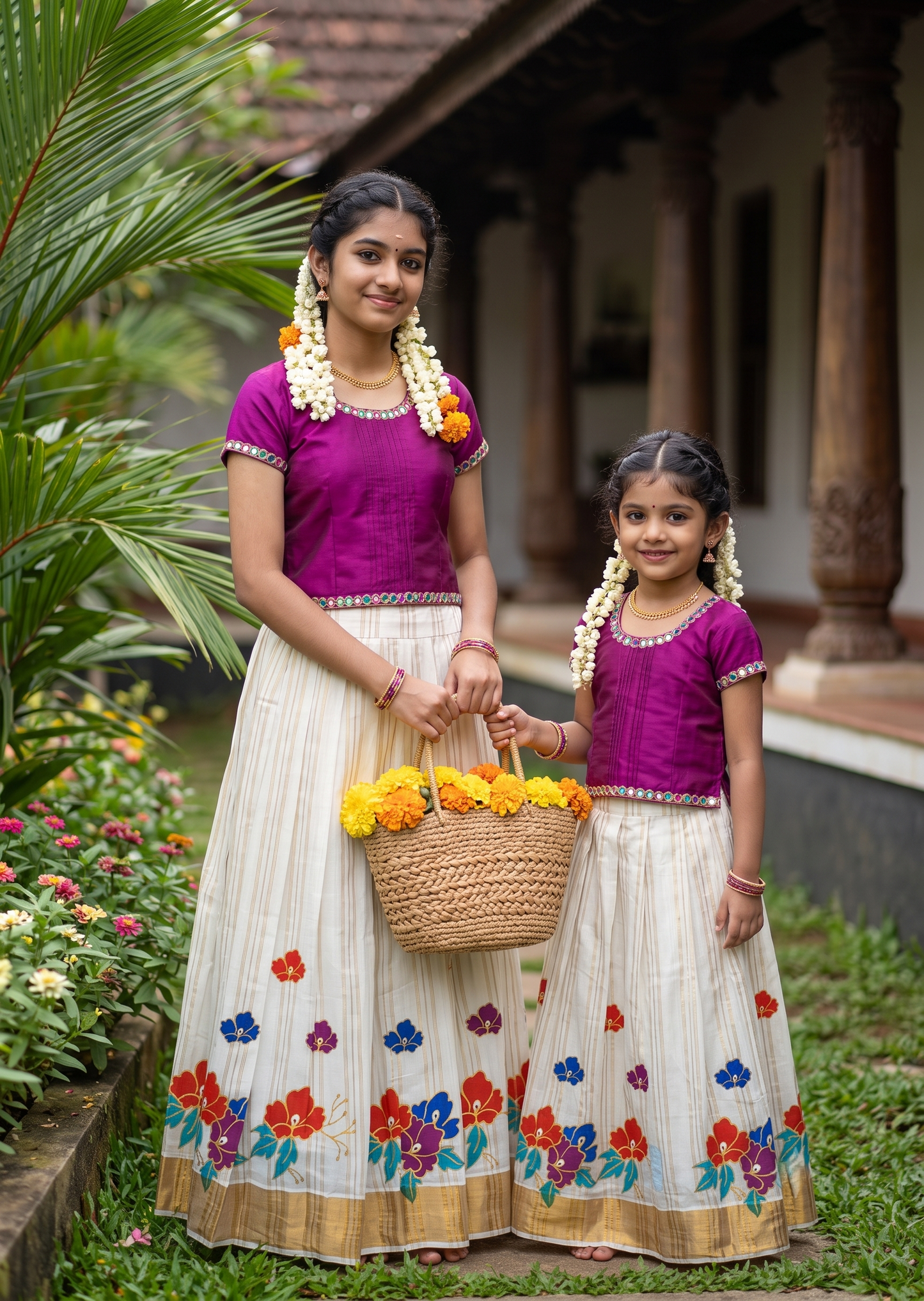 Southloom Kerala Cotton Kasavu Pavada Blouse with for Kids in Purple