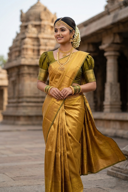 Southloom Premium Semi Silk Zari Work Brocade Saree in Bridal Golden with Matching Pallu (Kanchipuram Pattu Saree)