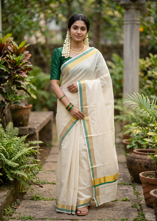 Southloom Pure Cotton Kerala Saree with Gold Kasavu Lines Across Body and Green Border