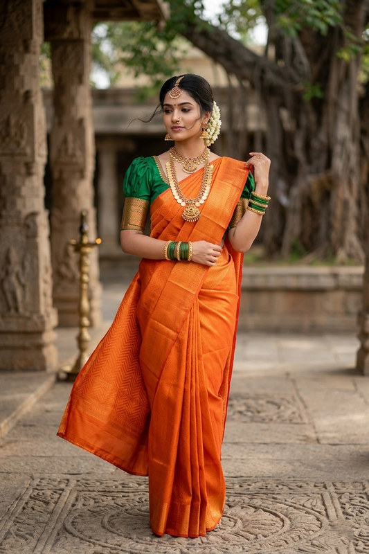 Southloom Brocade Silk Bridal Saree WIth Woven Borders And Blouse Piece in Red and Gold