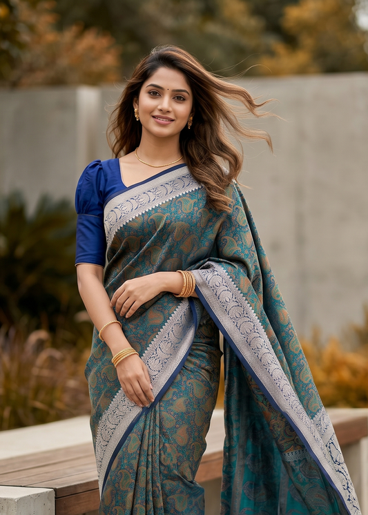 Southloom Resham Work Soft Cotton Banarasi Saree with Woven Work on Body and Borders
