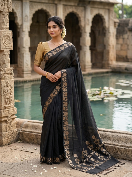 Southloom Kerala Cotton Saree with Floral Woven Works Across Body in Black