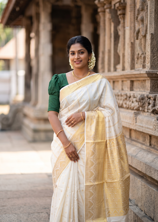 Southloom Pure Cotton Kerala Kasavu Heavy Work Saree with Stripes on Body and Temple Design on Body and Borders SL535