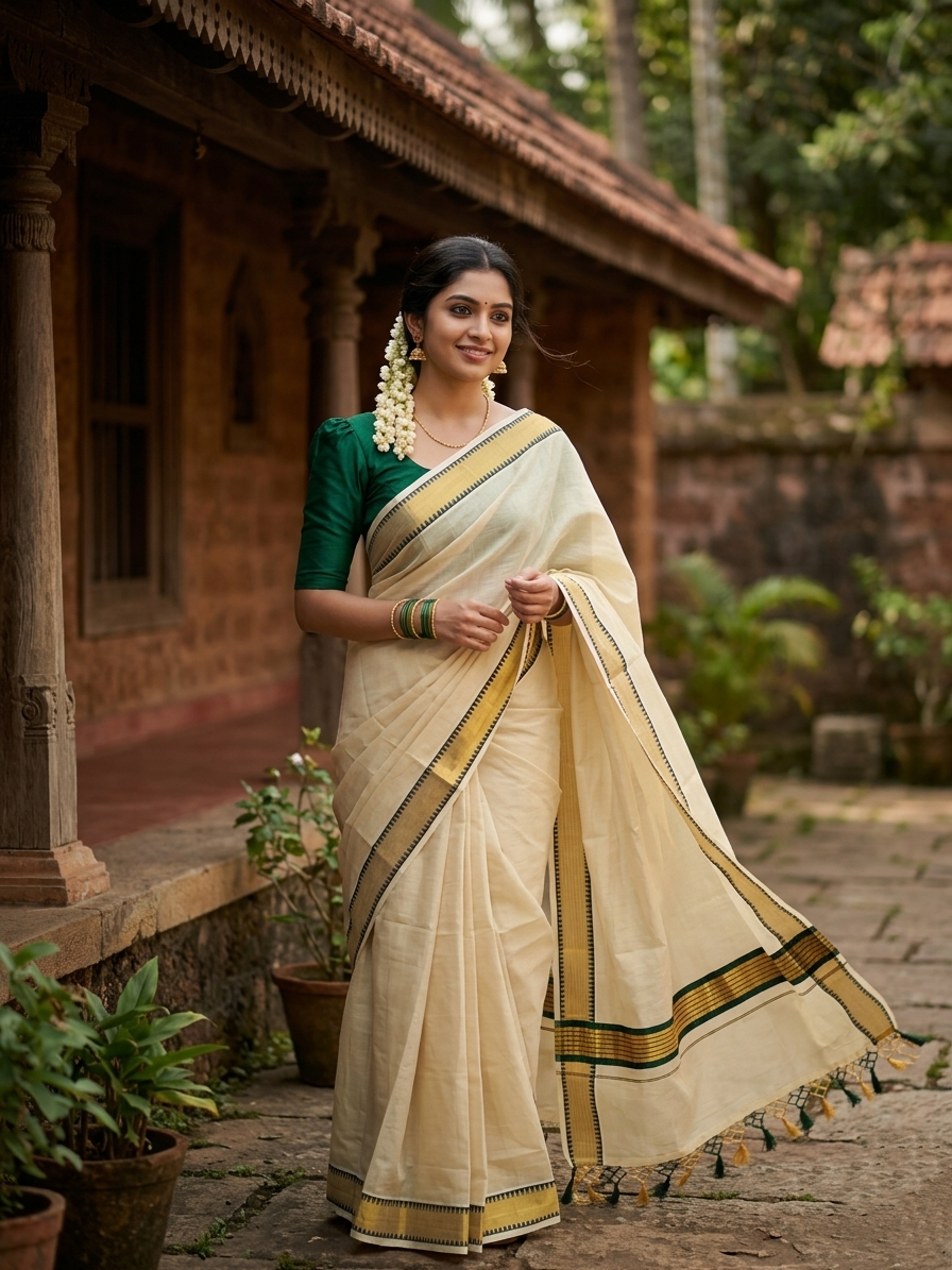 Southloom Kerala Tissue Kasavu Saree With Green Temple Woven Works on Border SL365