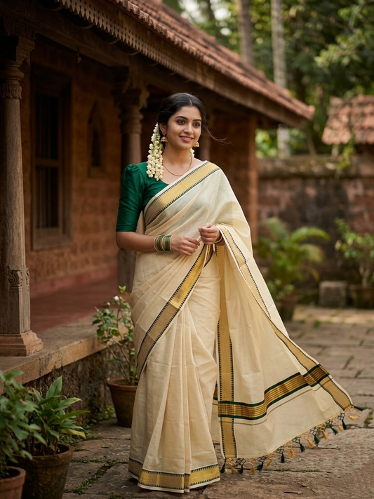 Southloom Kerala Tissue Kasavu Saree With Green Temple Woven Works on Border SL365