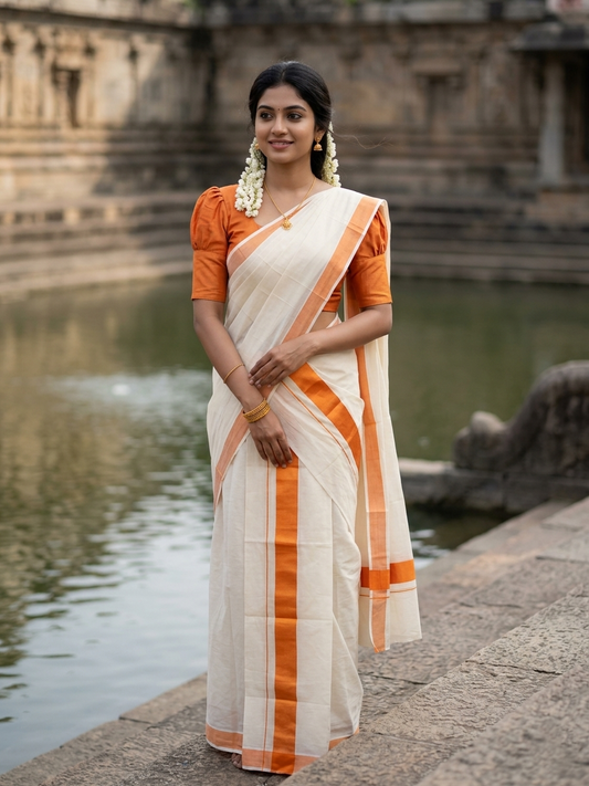 Southloom Pure Cotton Kerala Single Mulloth Set Mundu (Mundum Neriyathum) Orange Border in 2.80 mtrs SL270