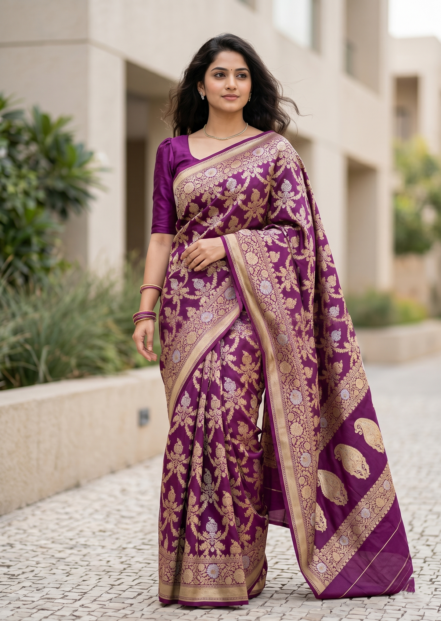 Southloom Pure Banarasi Silk Saree with Woven Work on Body and Borders (Purple)