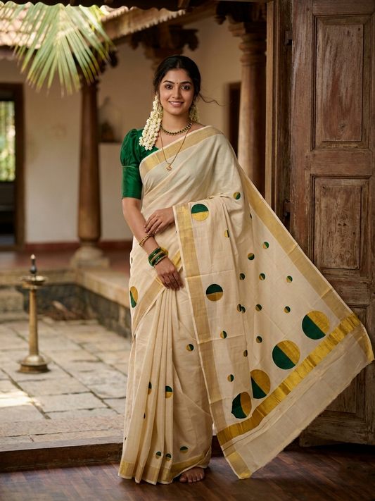 Southloom Kerala Tissue Kasavu Saree With Green Polka Dots Embroidery on Body