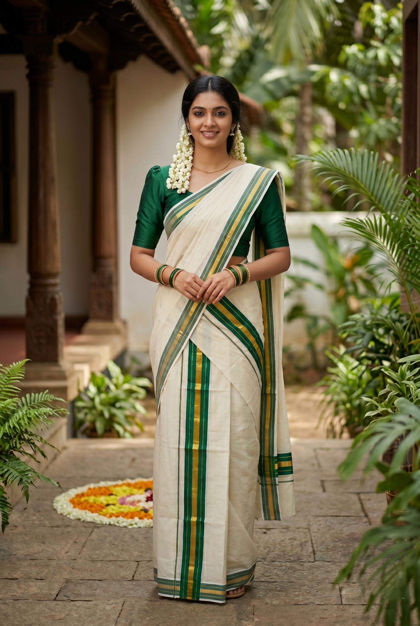 Southloom Kerala Cotton Kasavu Single Set Mundu (Mundum Neriyathum) with Green Kasavu Border SLKK